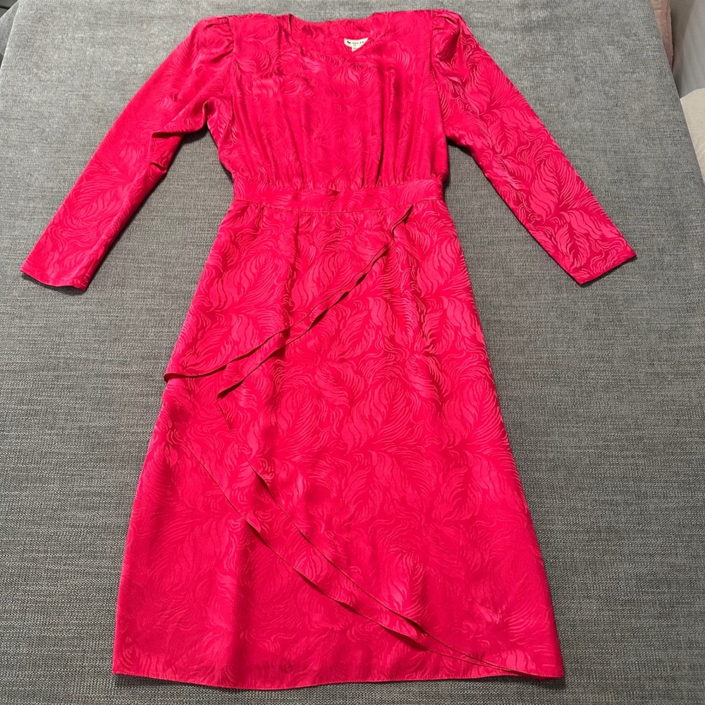 Nora Noh Silk Jacquard Midi Dress Womens 4P Fuchsia Pink Vintage Ruffle 80s